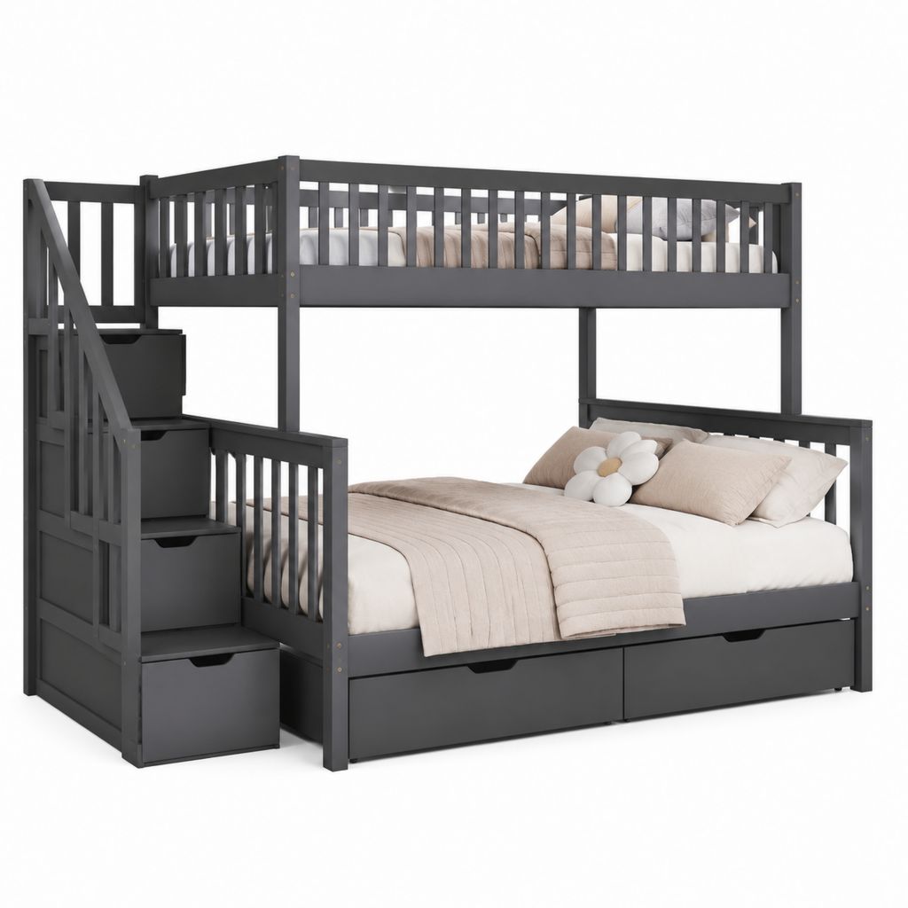 Letto a castello matrimoniale con scala a cassetti grigio antracite in legno massello di pino rettangolare 204 x 145 x 170 cm