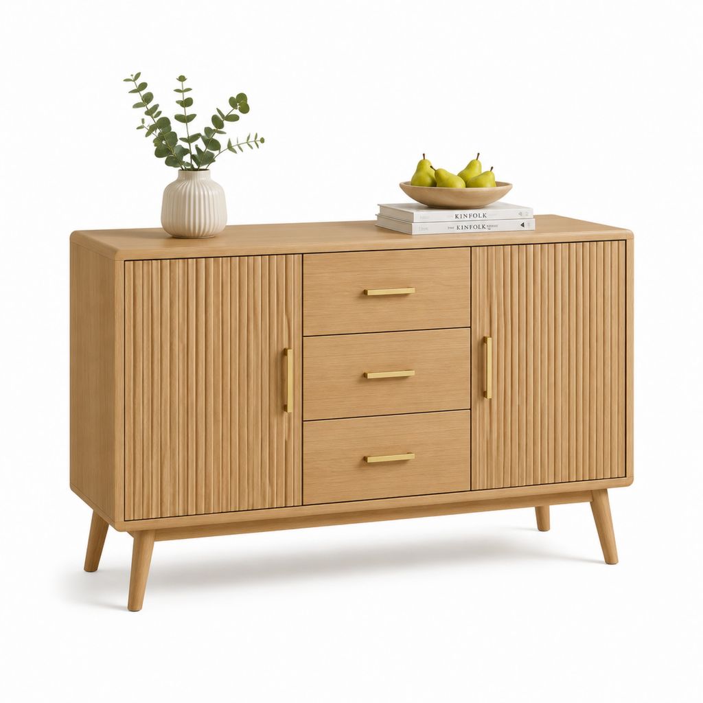 Credenza da sala da pranzo in MDF impiallacciato rovere naturale rettangolare con 3 cassetti e 2 ante 140 x 40 x 85 cm