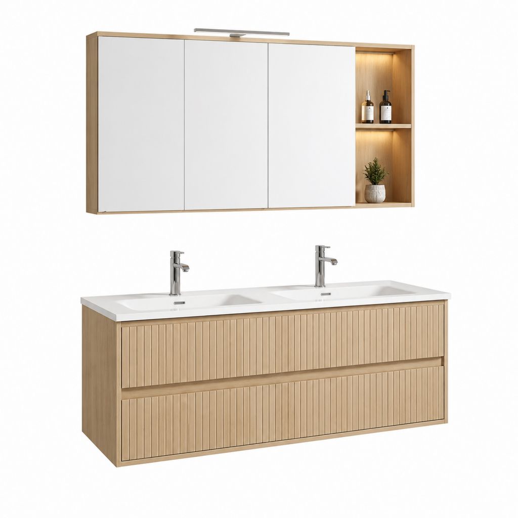Mobile bagno sospeso con doppio lavabo rovere chiaro e bianco in MDF 160 x 46 x 55 cm con pensile specchiato