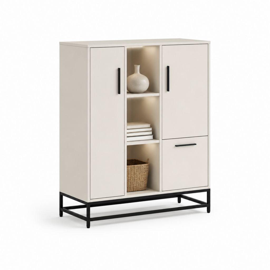 Credenza alta da sala da pranzo avorio in pannello truciolare con struttura in acciaio 120 x 40 x 160 cm