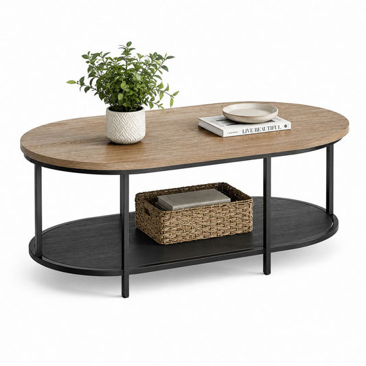 Tavolino da caffè ovale marrone e nero in MDF e acciaio 110 x 60 x 45 cm con ripiano inferiore