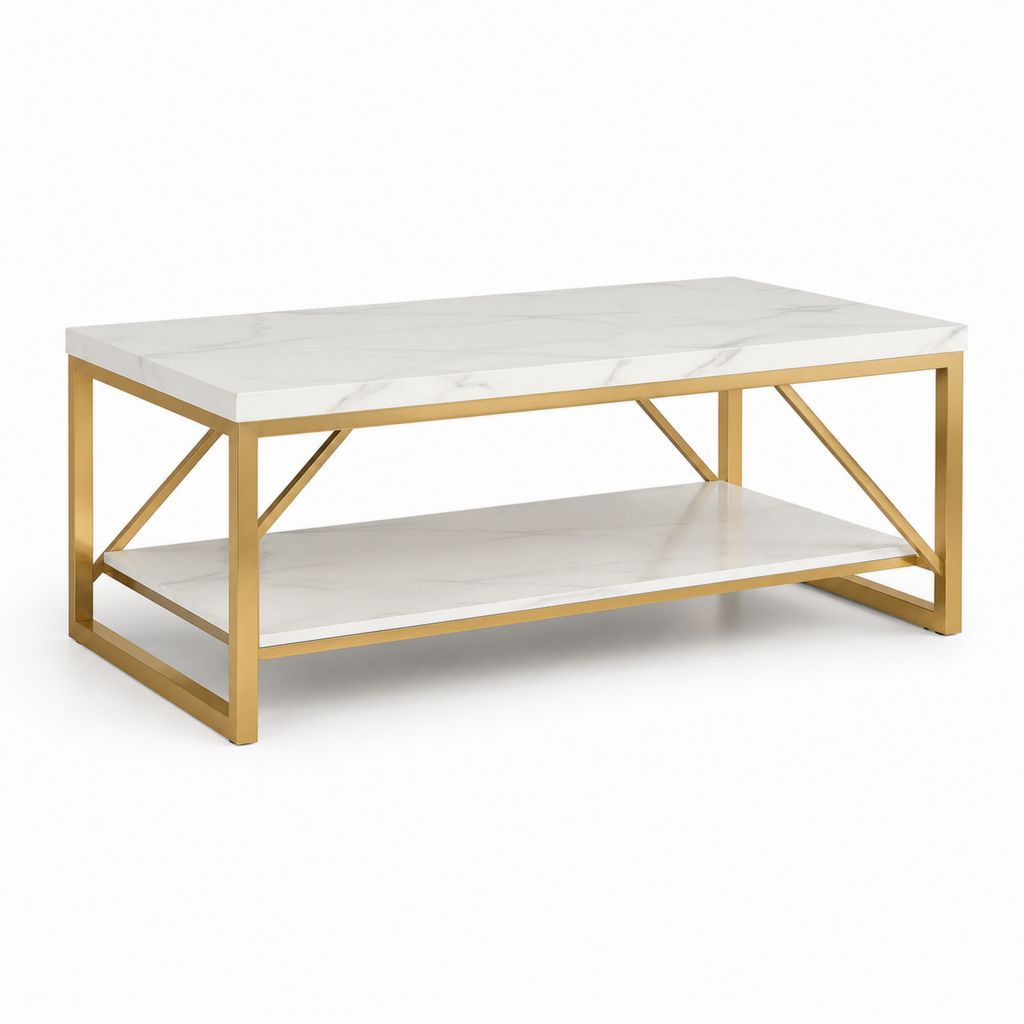 Tavolino da caffè rettangolare in MDF rivestito PVC effetto marmo bianco e acciaio dorato con ripiano 100 x 50 x 45 cm