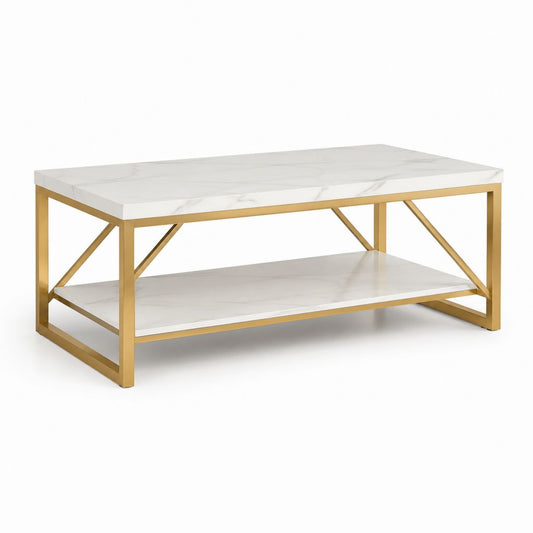 Tavolino da caffè rettangolare in MDF rivestito PVC effetto marmo bianco e acciaio dorato con ripiano 100 x 50 x 45 cm