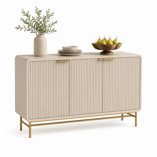 Credenza da sala da pranzo beige in MDF con ante scanalate e struttura in acciaio 120 x 40 x 80 cm