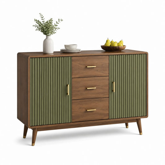 Credenza da soggiorno con 2 ante e 3 cassetti verde oliva e noce 140 x 40 x 90 cm