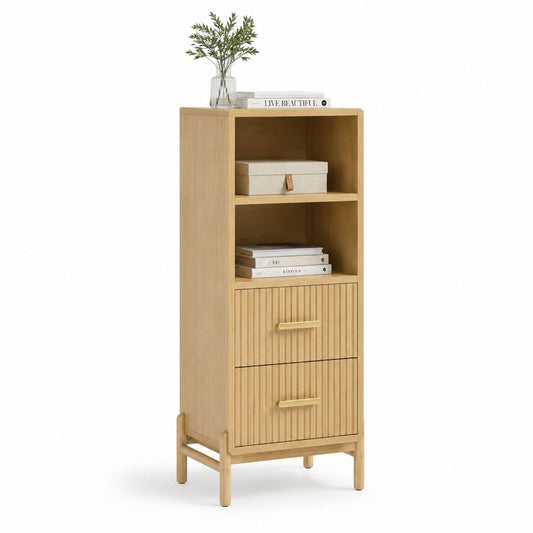 Credenza stretta con 2 cassetti e ripiani aperti rovere 60 x 35 x 150 cm