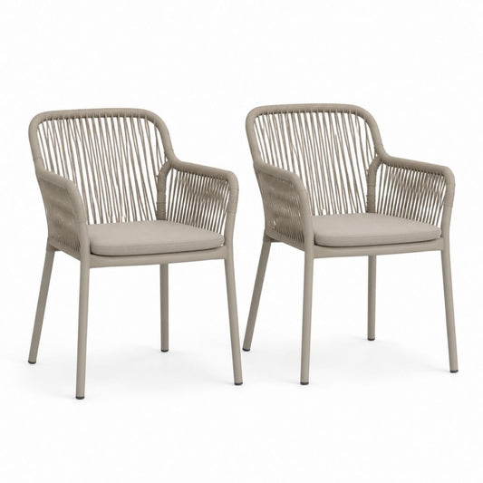Set 2 Sedie da Giardino con Braccioli Tortora in Alluminio e Corda PP 57 x 60 x 81 cm
