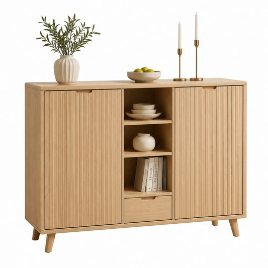 Credenza rettangolare in MDF impiallacciato rovere naturale con ante scanalate 120 x 80 x 40 cm