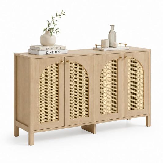 Credenza da sala da pranzo rovere chiaro con ante in rattan 160 x 40 x 80 cm