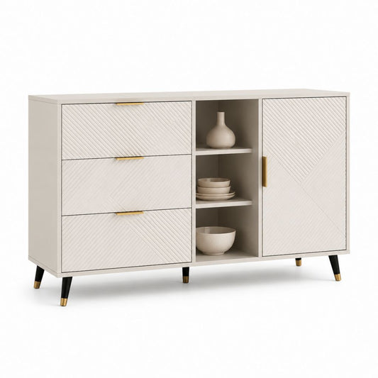 Credenza da pranzo rettangolare avorio in MDF 160 x 40 x 90 cm con 3 cassetti 1 anta e ripiani