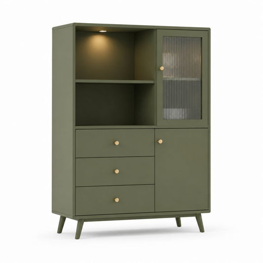 Credenza alta rettangolare verde oliva in MDF e vetro scanalato 100 x 40 x 180 cm
