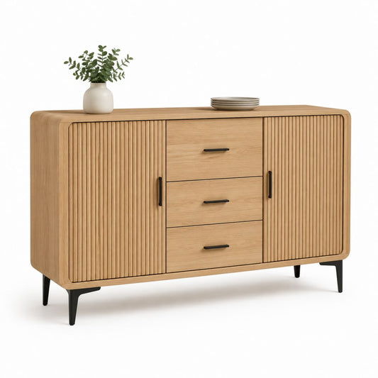 Credenza da sala da pranzo rovere naturale in MDF impiallacciato 160 x 40 x 85 cm con 2 ante e 3 cassetti