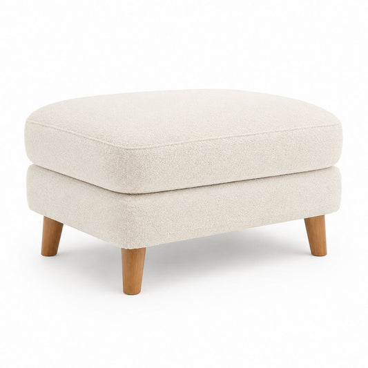 Poggiapiedi imbottito beige in poliestere bouclé con gambe in legno massello 75 x 55 x 45 cm