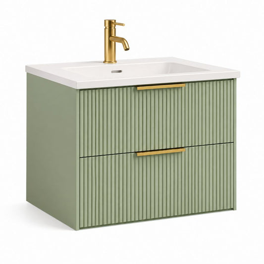 Mobile bagno sospeso con lavabo 80 x 46 x 60 cm verde salvia in MDF e ceramica con 2 cassetti