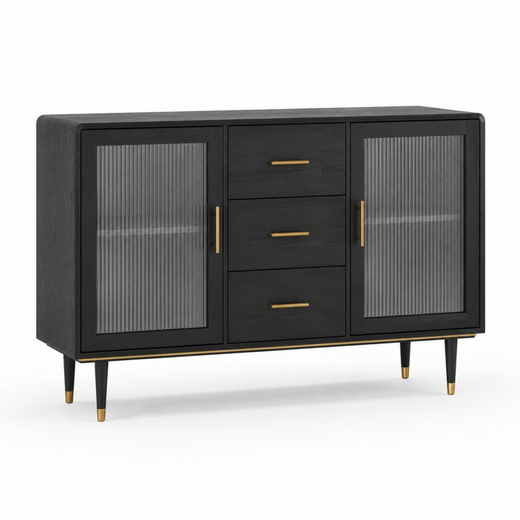 Credenza da sala da pranzo nera in MDF e vetro temperato rigato rettangolare 160 x 40 x 90 cm