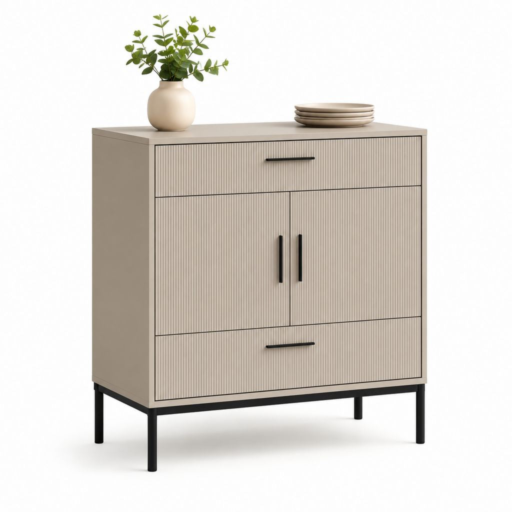 Credenza contenitore beige in MDF scanalato con 2 ante e 2 cassetti 80 x 40 x 100 cm