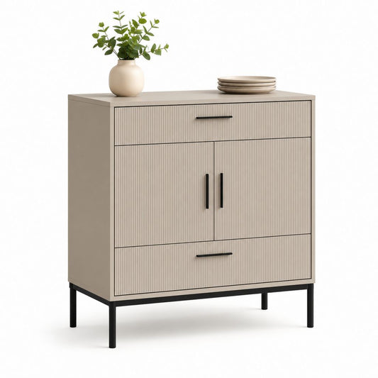 Credenza contenitore beige in MDF scanalato con 2 ante e 2 cassetti 80 x 40 x 100 cm
