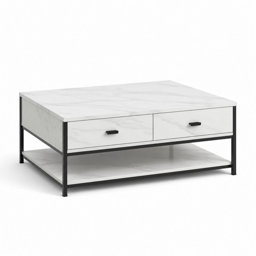 Tavolino da caffè rettangolare bianco effetto marmo e nero in MDF e acciaio 100 x 60 x 45 cm con 2 cassetti