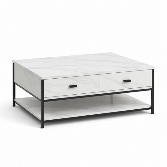 Tavolino da caffè rettangolare bianco effetto marmo e nero in MDF e acciaio 100 x 60 x 45 cm con 2 cassetti