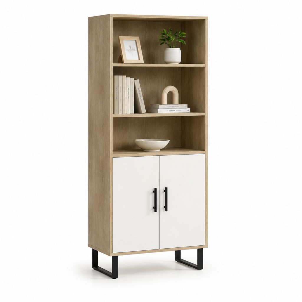 Credenza alta con libreria rovere e bianco in pannello truciolare 80 x 40 x 180 cm