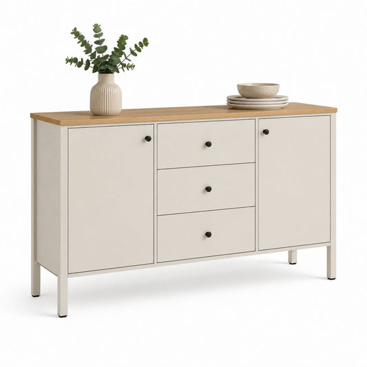 Credenza da sala da pranzo beige e rovere in pannello truciolare rettangolare 120 x 40 x 80 cm con 3 cassetti e 2 ante