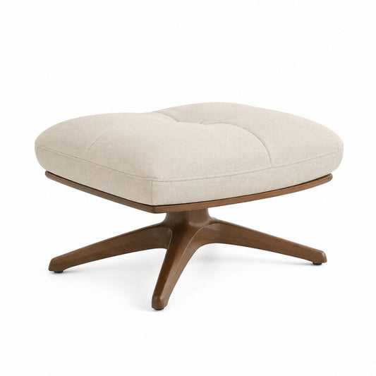 Poggiapiedi ovale imbottito beige in poliestere con base in compensato impiallacciato noce 68 x 52 x 40 cm