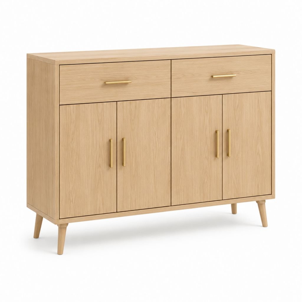 Credenza rettangolare da sala da pranzo rovere chiaro in pannello truciolare 120 x 40 x 100 cm con 4 ante e 2 cassetti
