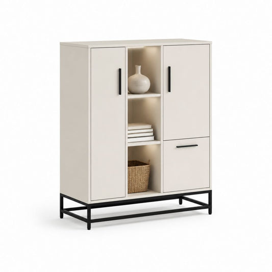 Credenza alta da sala da pranzo avorio in pannello truciolare con struttura in acciaio 120 x 40 x 160 cm