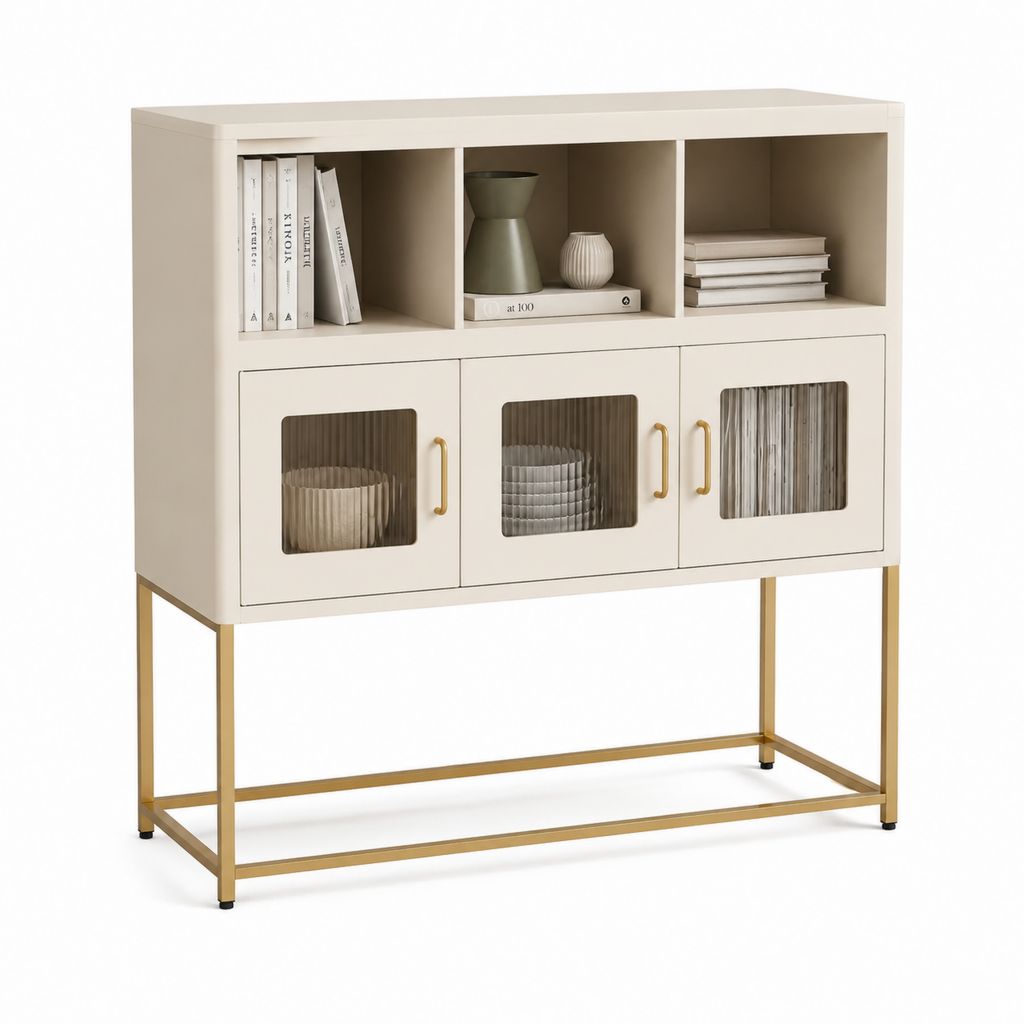 Credenza da sala da pranzo avorio in MDF con vetro scanalato 120 x 40 x 120 cm