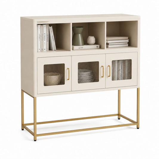 Credenza da sala da pranzo avorio in MDF con vetro scanalato 120 x 40 x 120 cm