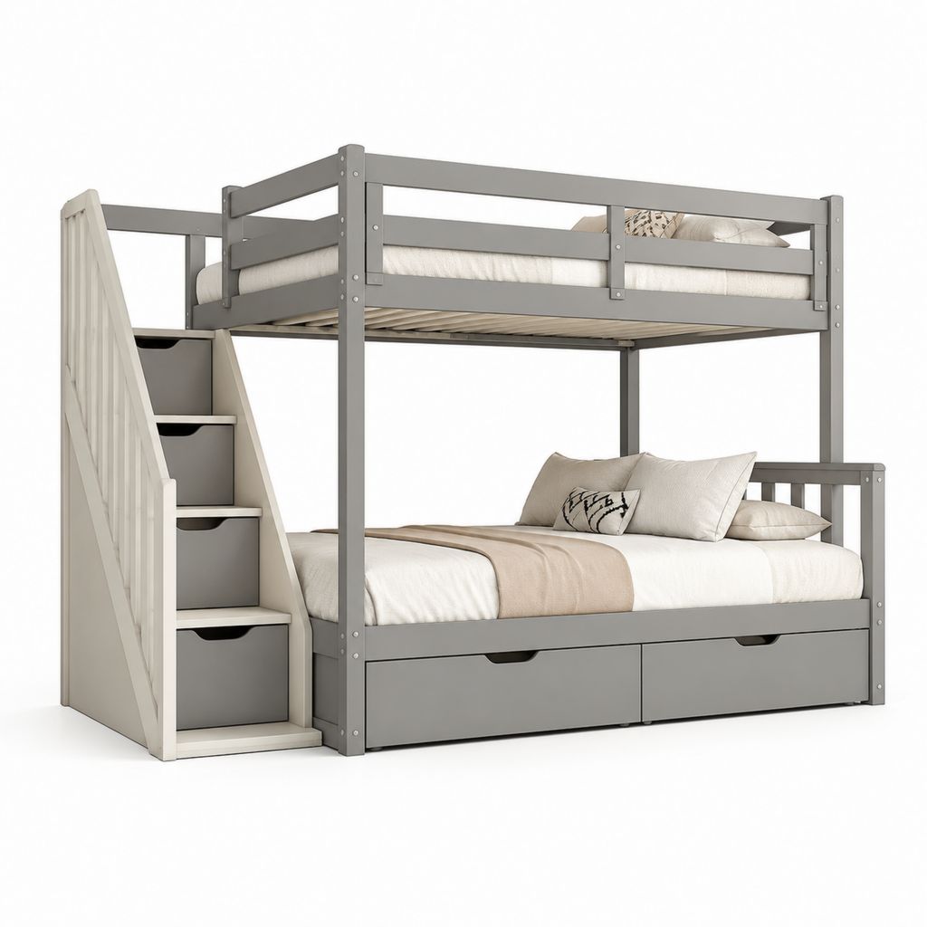 Letto a castello per bambini grigio e bianco in MDF 90 x 200 cm con scala a cassetti e 2 cassettoni 250 x 105 x 170 cm