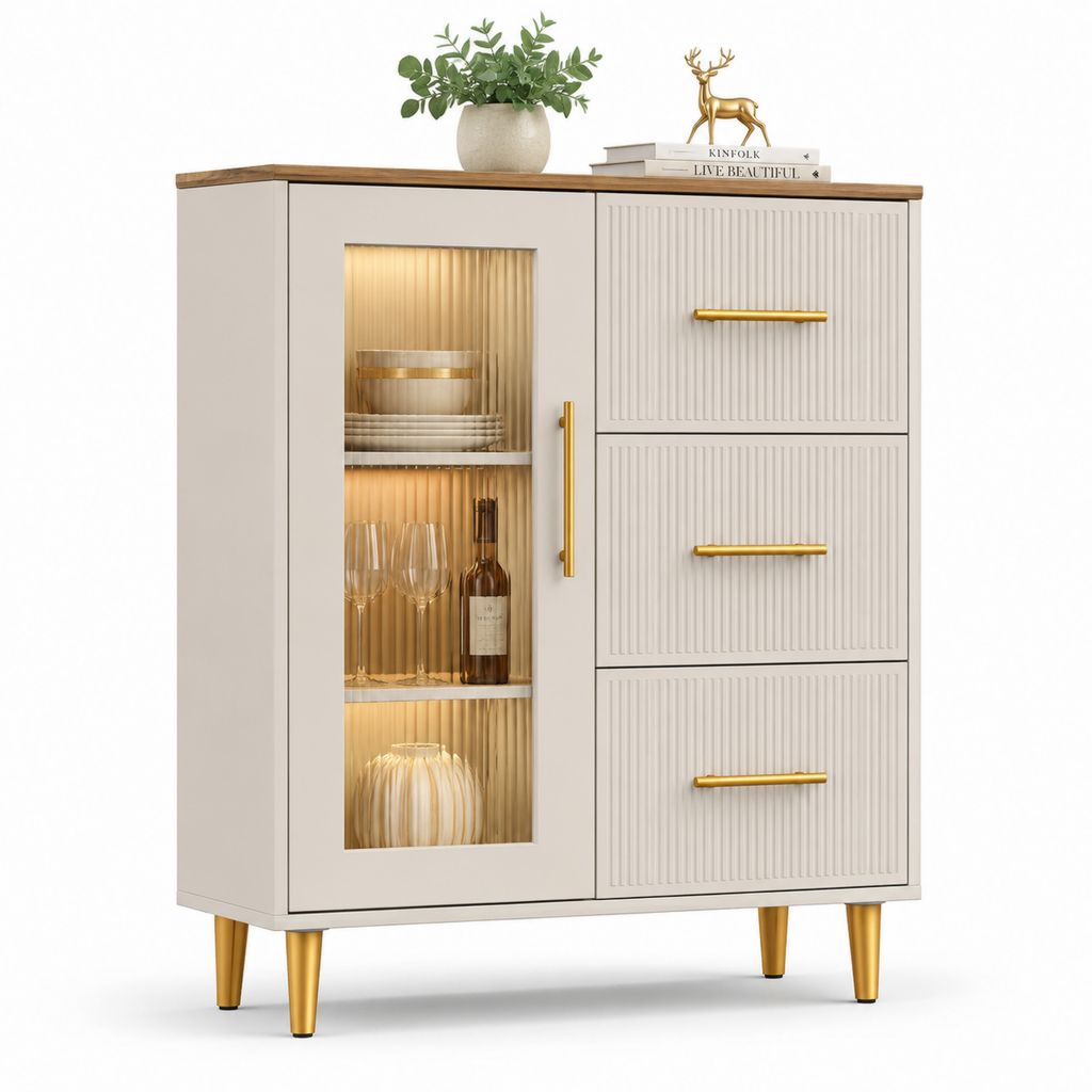 Credenza vetrina rettangolare da sala da pranzo beige in MDF e vetro temperato con 3 cassetti 2 ante LED 120 x 40 x 150 cm