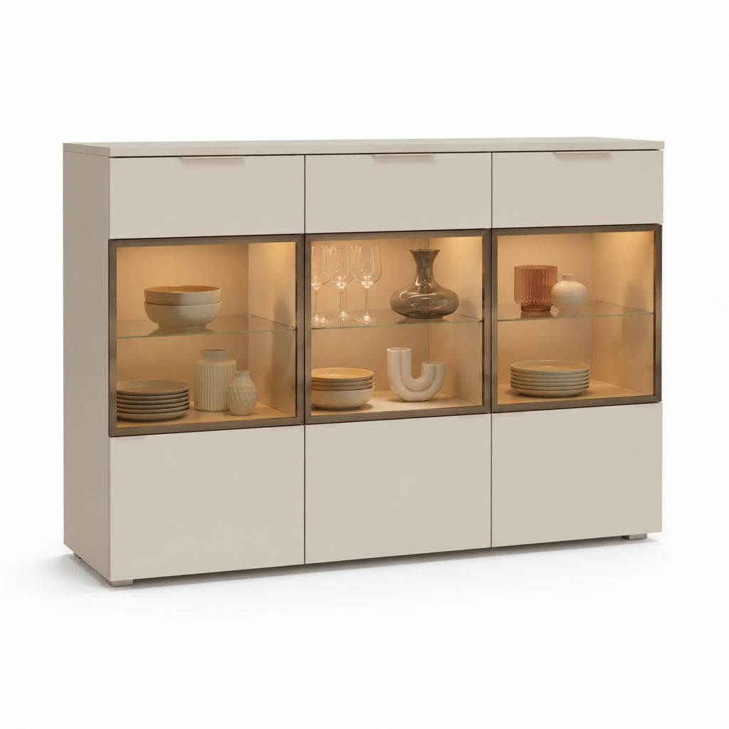 Credenza vetrina rettangolare beige chiaro in truciolare nobilitato e vetro temperato 180 x 40 x 120 cm
