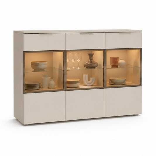 Credenza vetrina rettangolare beige chiaro in truciolare nobilitato e vetro temperato 180 x 40 x 120 cm